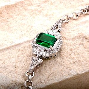 Elegant Simulated Emerald And Simulated Diamond Silvertone Bracelet
